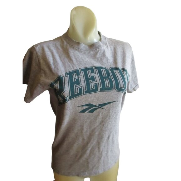 Reebok Vintage Women's T-shirt SMALL 1990s Heather gray Spellout Logo - Picture 2 of 7